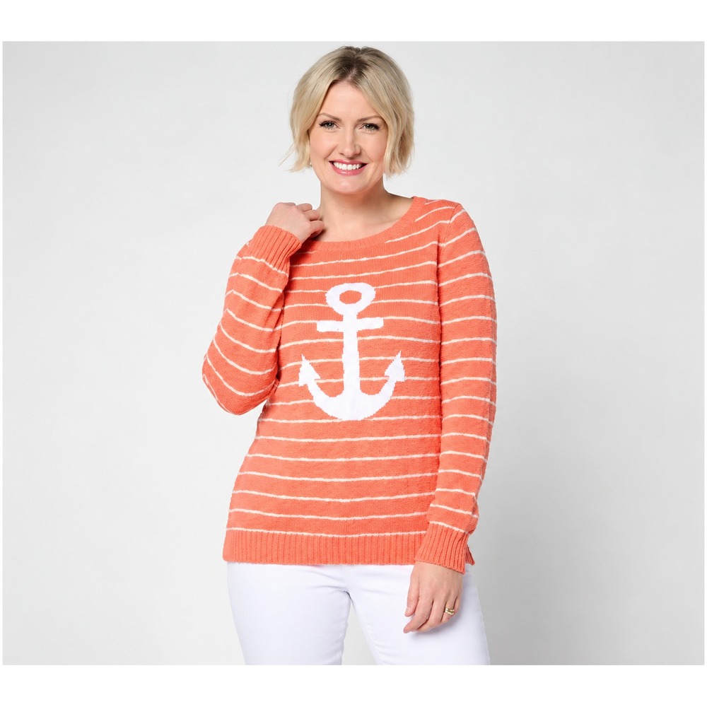 Belle by Kim Gravel Drop it Like it's Yacht Striped Slub Sweater Orange Sorbet S